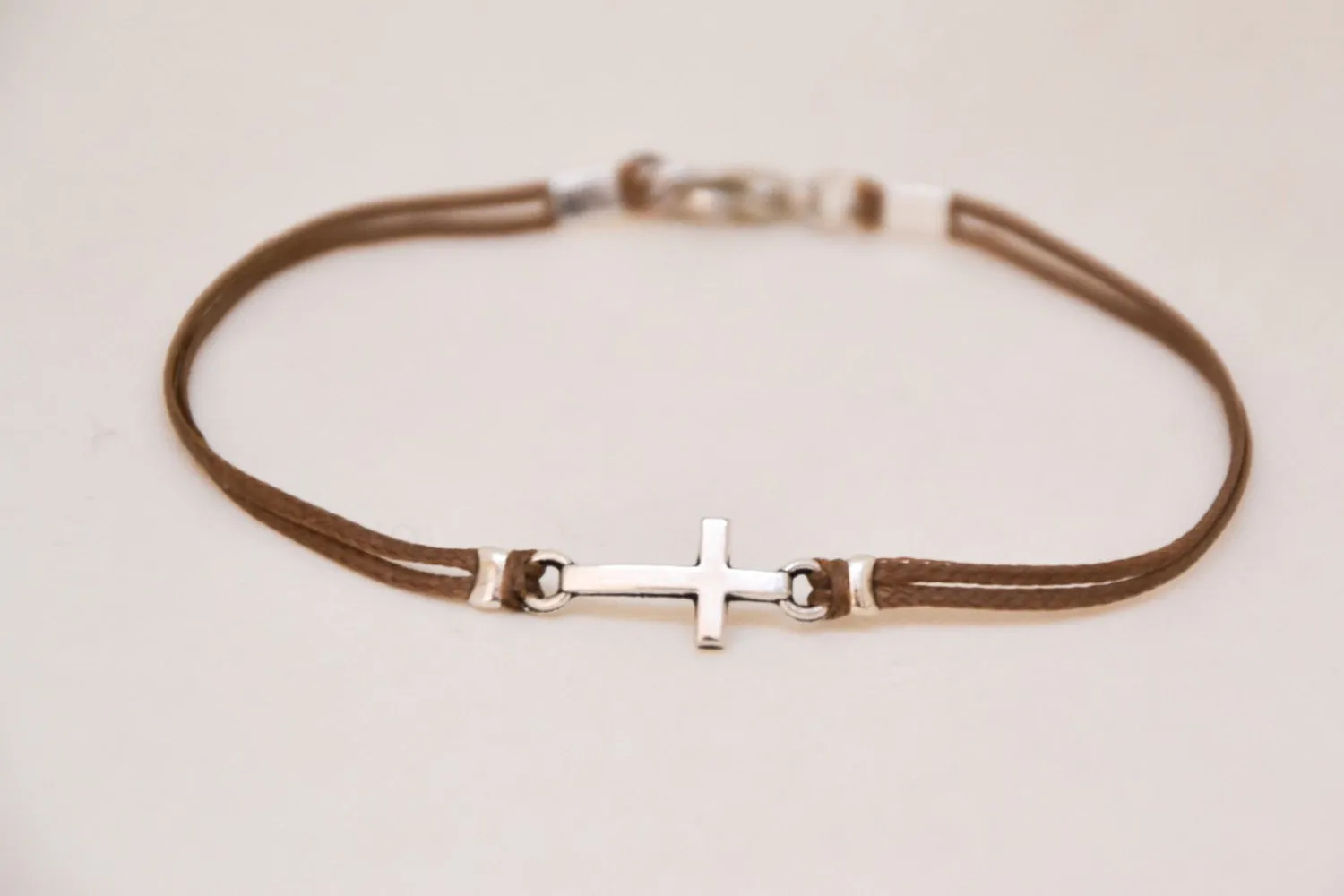 Men's bracelet with a silver cross pendant, brown cord, Christian gift for man