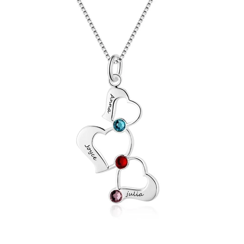 Personalized 925 Sterling Silver Necklace with 3 Hollow Heart Design, Custom Birthstone & Name Engraved Pendant