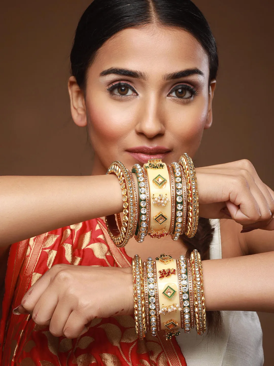 Set Of 18 Gold Plated Stones & Beads-Studded Bangle Set