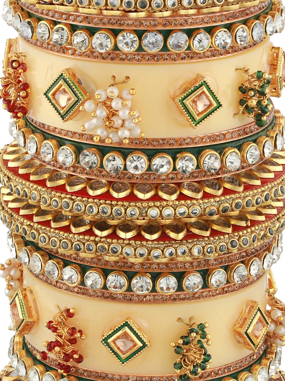 Set Of 18 Gold Plated Stones & Beads-Studded Bangle Set