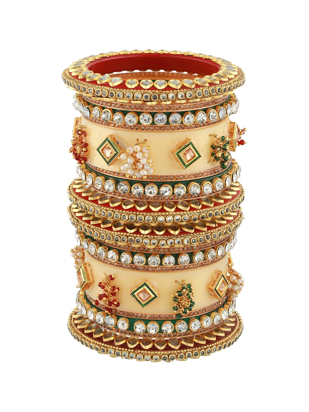 Set Of 18 Gold Plated Stones & Beads-Studded Bangle Set