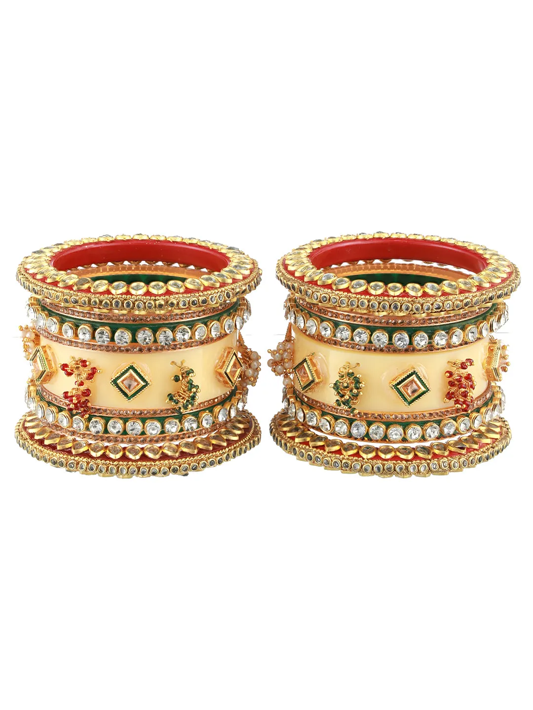 Set Of 18 Gold Plated Stones & Beads-Studded Bangle Set