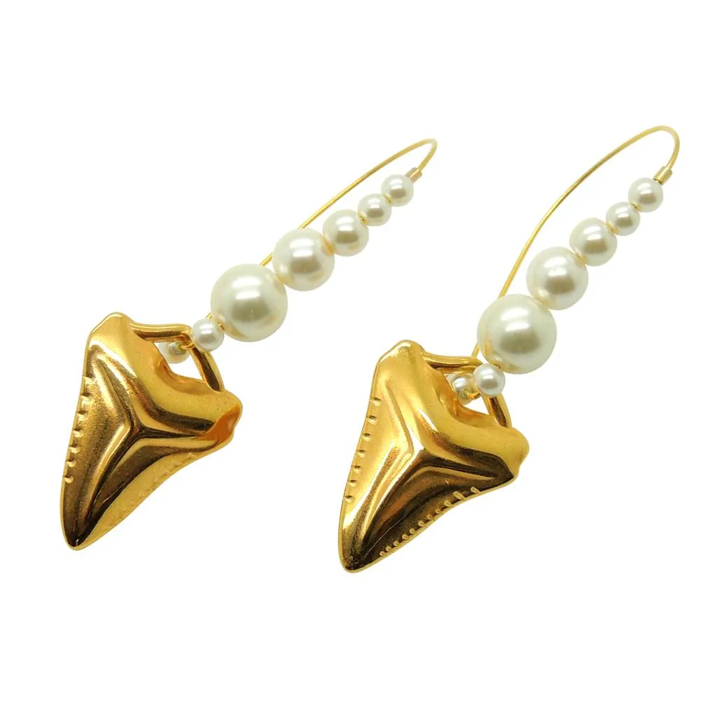 Shark Tooth Charm Pearl Hoop Earrings