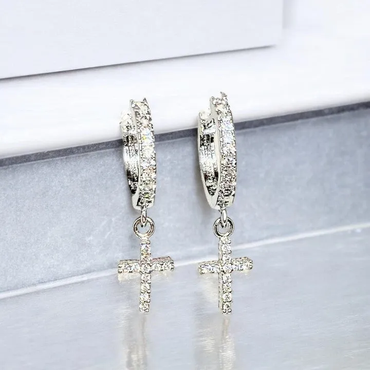 Silver Cross CZ Huggie Hoop earrings, 15mm Hoop Drop