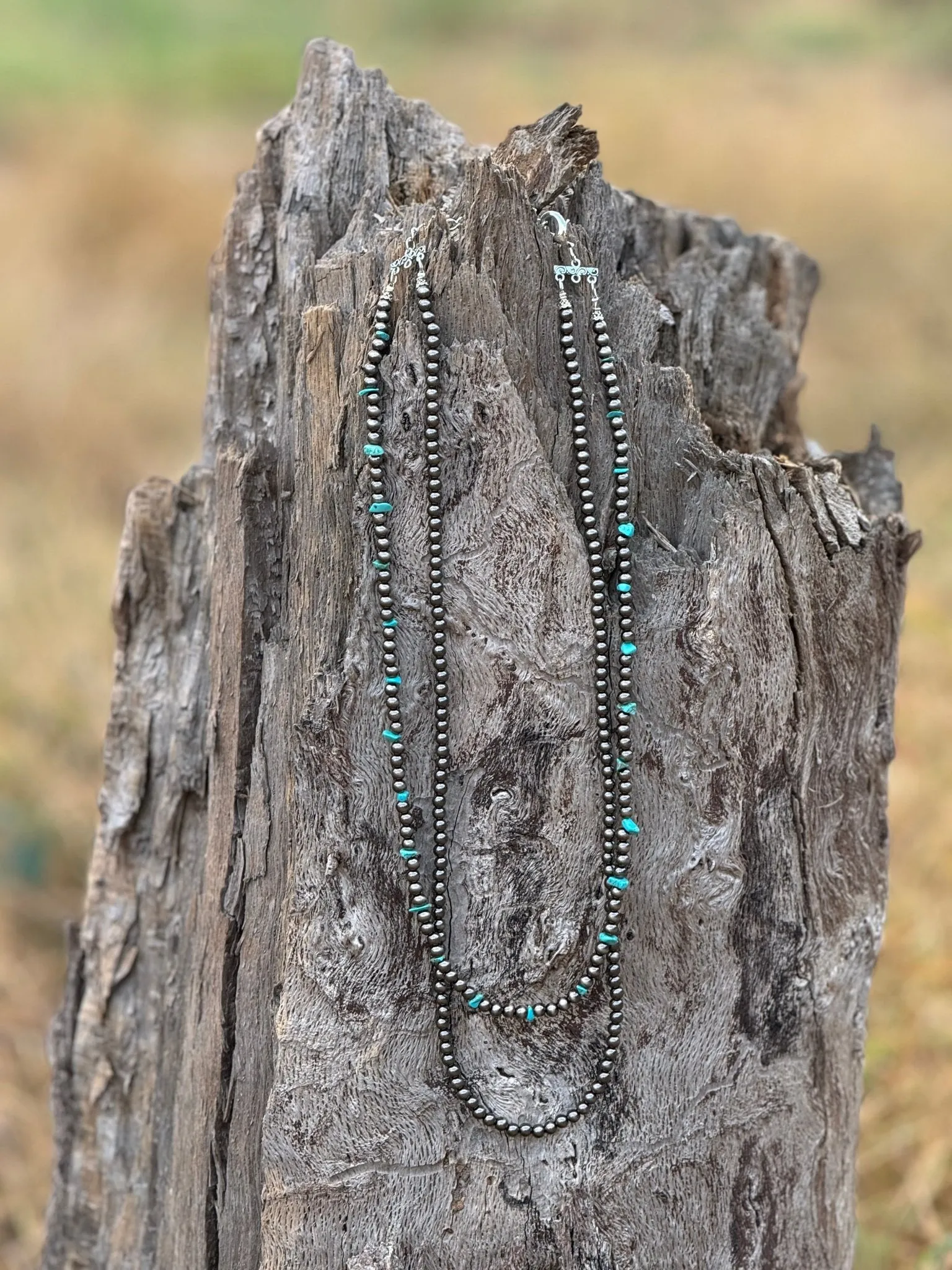 Silver Pearls and Turquoise Chips Layered Necklace