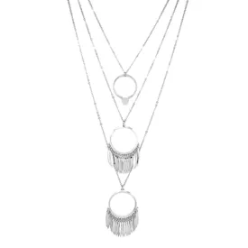 Silver Tone 3 Layered Necklace With Circ