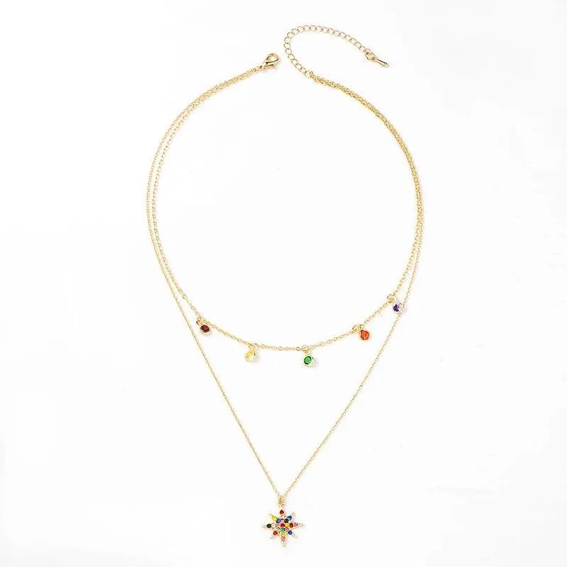 Star Necklace Layered with Rainbow Cubic Zirconia Stones