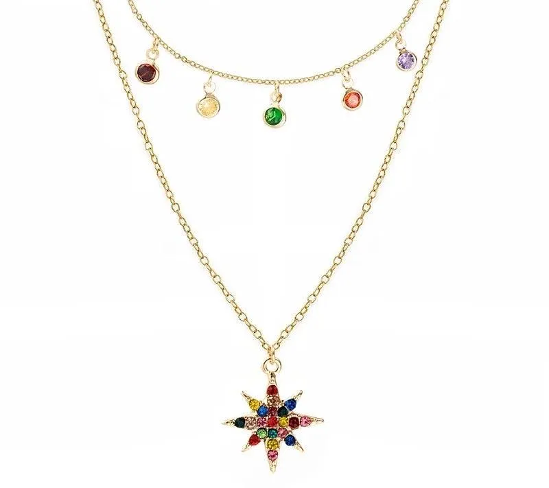 Star Necklace Layered with Rainbow Cubic Zirconia Stones