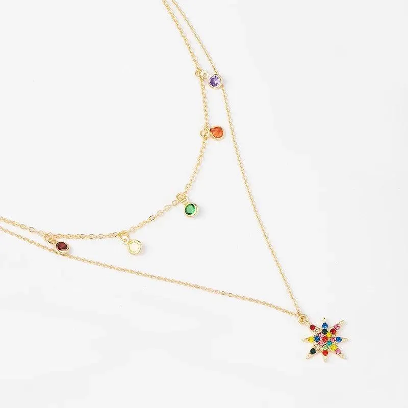 Star Necklace Layered with Rainbow Cubic Zirconia Stones