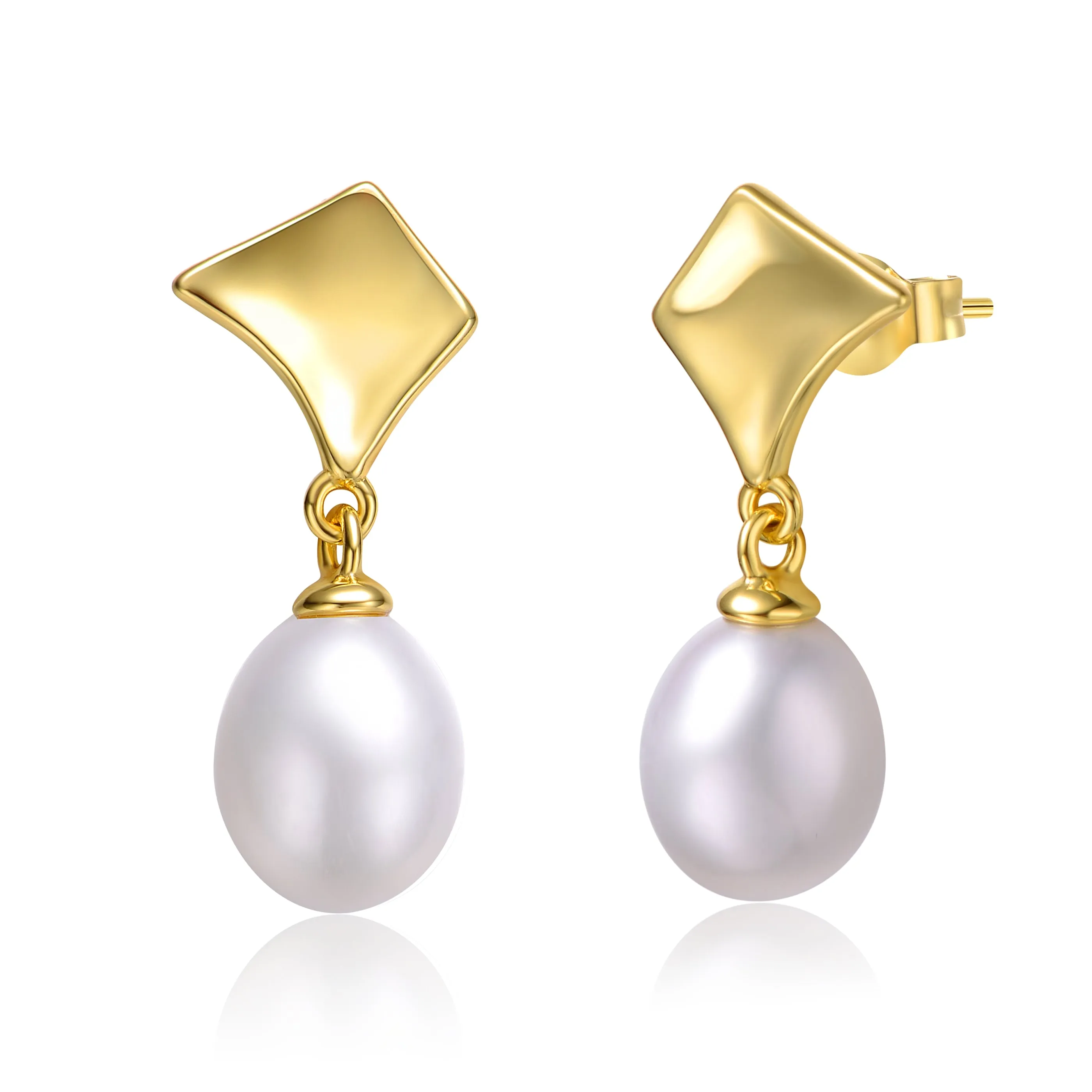 Sterling Silver 14k Yellow Gold with White Pearl Drop Geometric Shield Retro Dangle Earrings