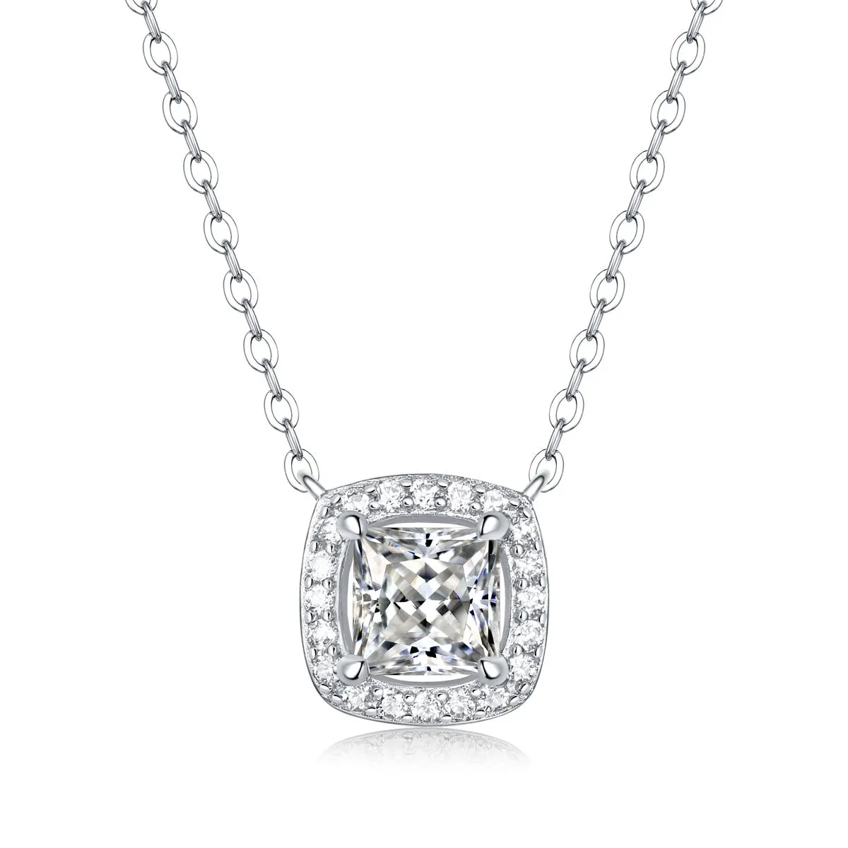 Sterling Silver 1ct Princess Lab-Grown Moissanite Cushion Halo Necklace