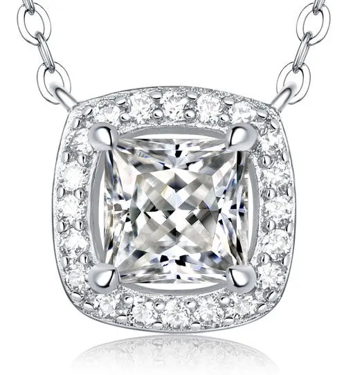 Sterling Silver 1ct Princess Lab-Grown Moissanite Cushion Halo Necklace