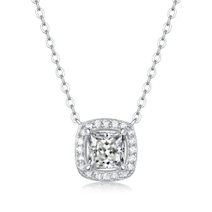 Sterling Silver 1ct Princess Lab-Grown Moissanite Cushion Halo Necklace