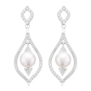 Sterling Silver with 7.5 - 8 mm  Freshwater Pearl & White Cubic Zirconia Drop Earrings