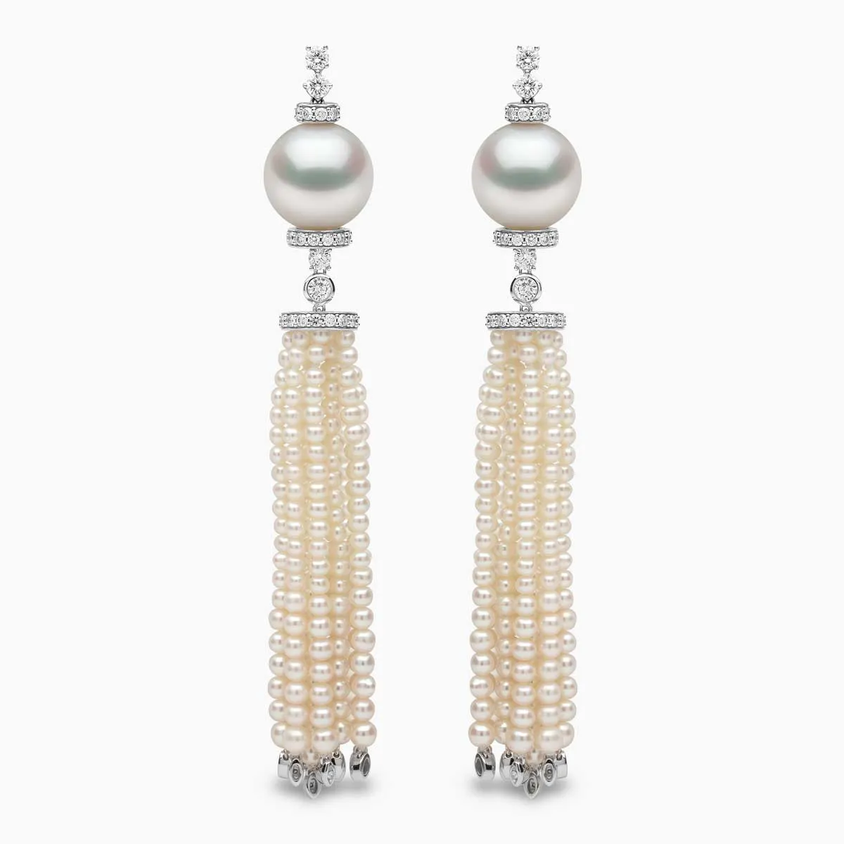 Tassel 18K Gold Pearl and Diamond Tiered Earrings