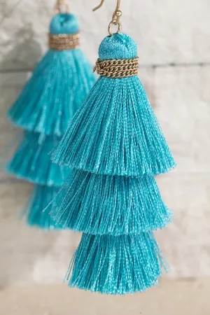 Teal Tiered Tassel Earrings