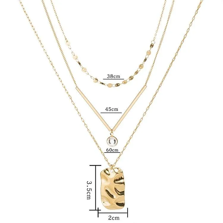 Three Layer Necklace with Gold Bar and Pendant