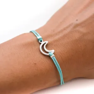 Turquoise cord bracelet with a silver crescent moon charm, gift for her