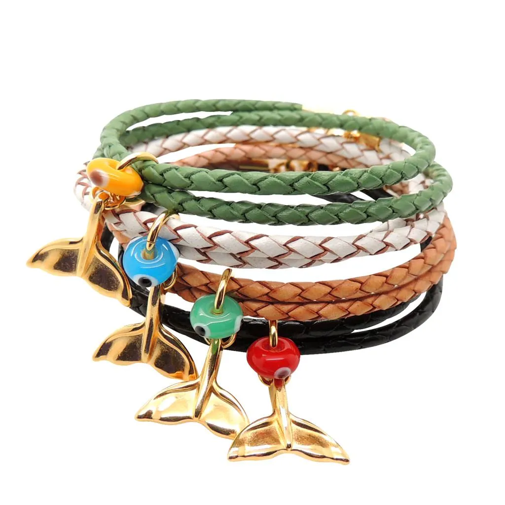 Whale Tail Charm Double Leather Cord Bracelet