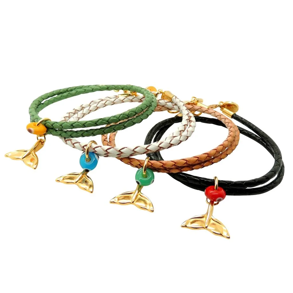 Whale Tail Charm Double Leather Cord Bracelet