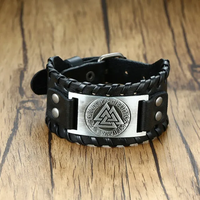 Wide Metal Talisman Style Leather Bracelet