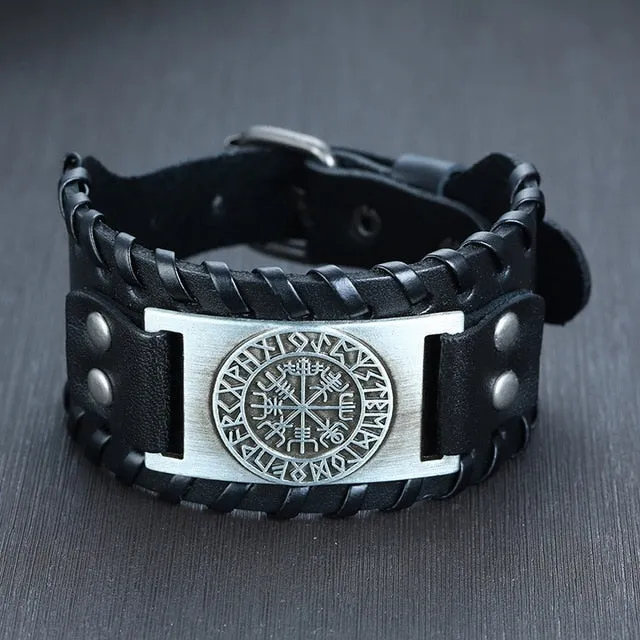 Wide Metal Talisman Style Leather Bracelet