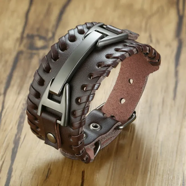 Wide Metal Talisman Style Leather Bracelet