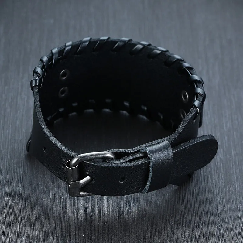 Wide Metal Talisman Style Leather Bracelet