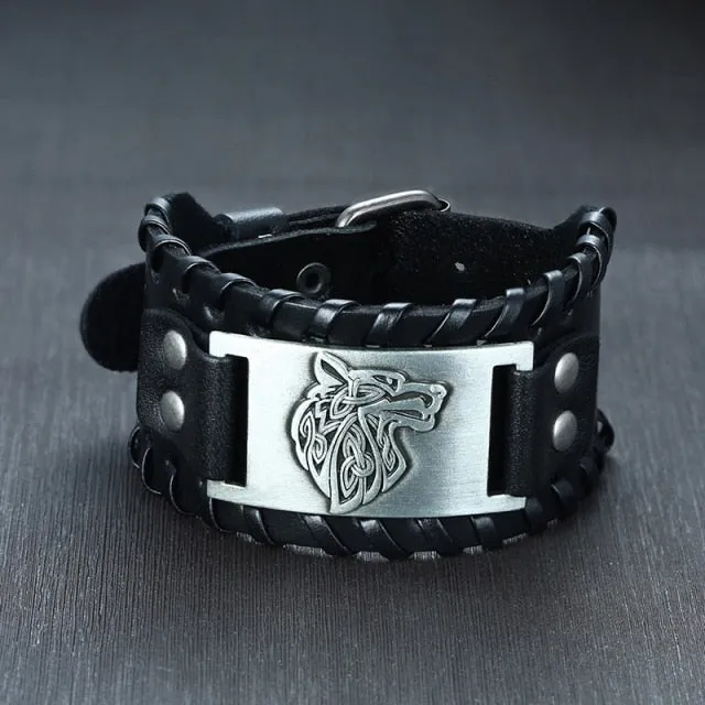 Wide Metal Talisman Style Leather Bracelet