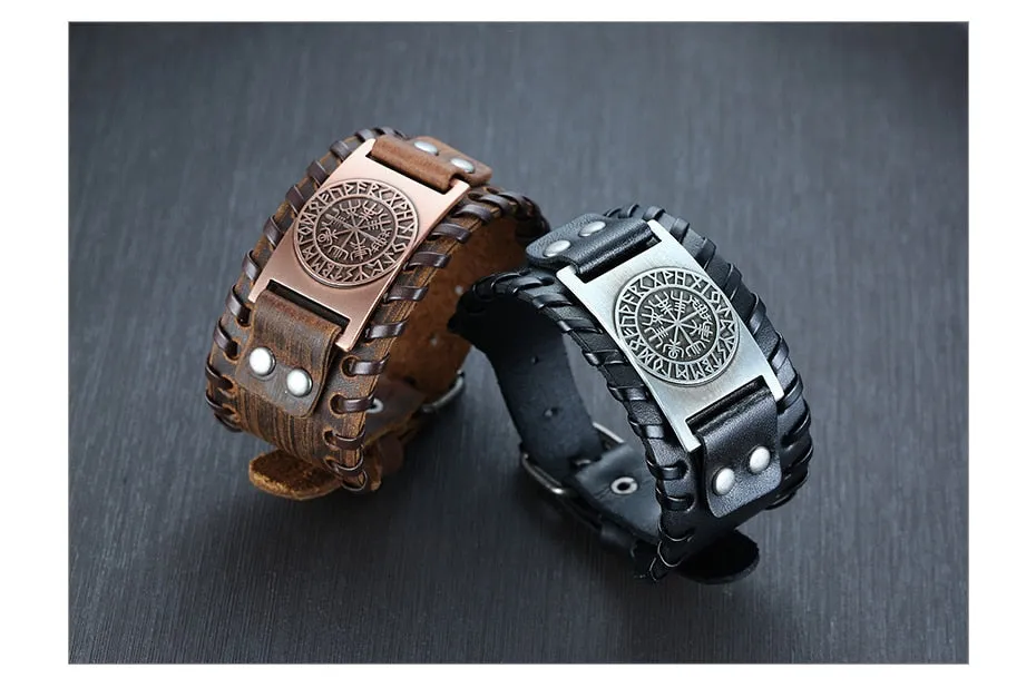 Wide Metal Talisman Style Leather Bracelet