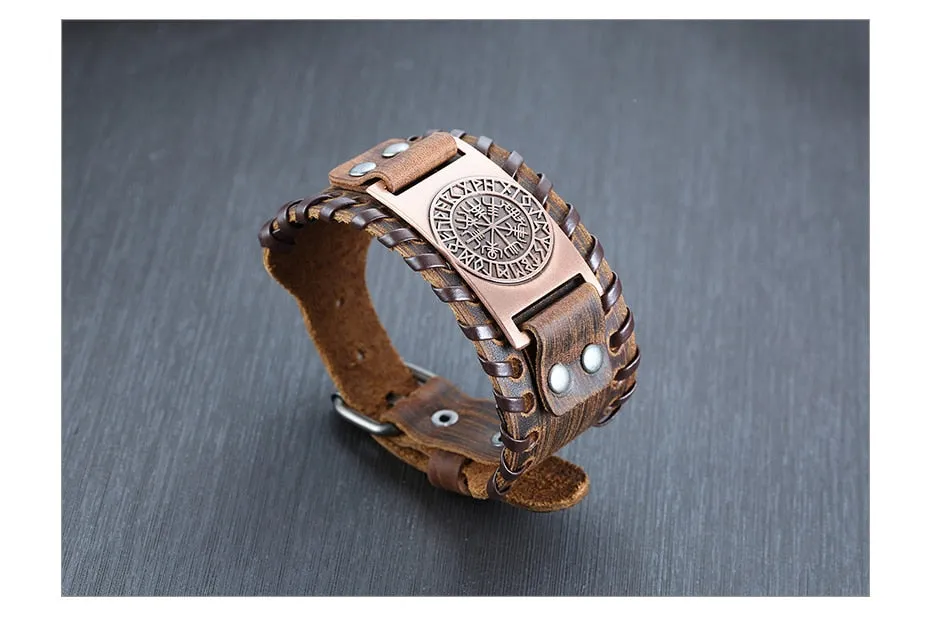 Wide Metal Talisman Style Leather Bracelet