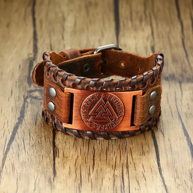 Wide Metal Talisman Style Leather Bracelet