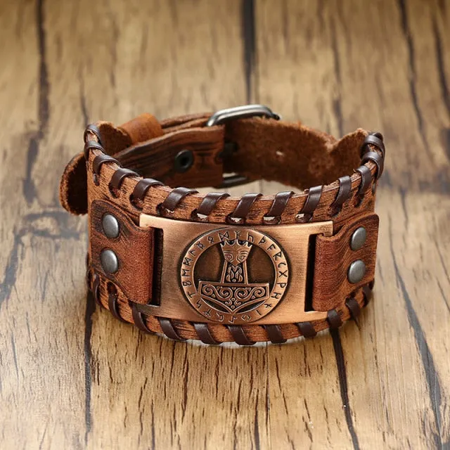 Wide Metal Talisman Style Leather Bracelet