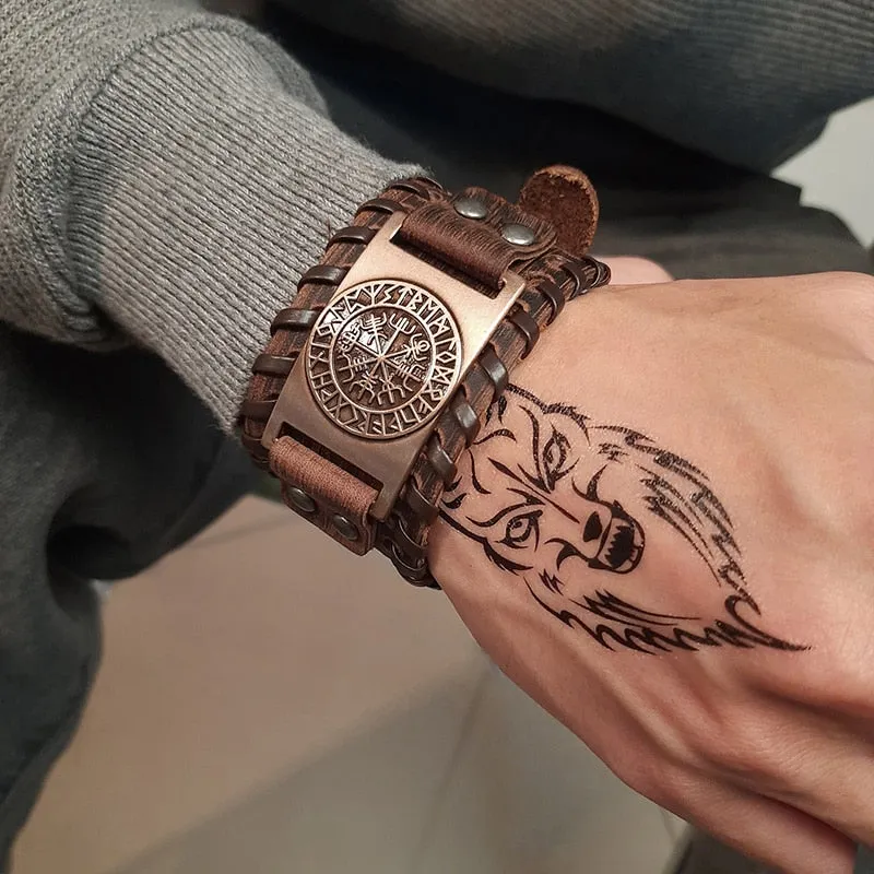 Wide Metal Talisman Style Leather Bracelet