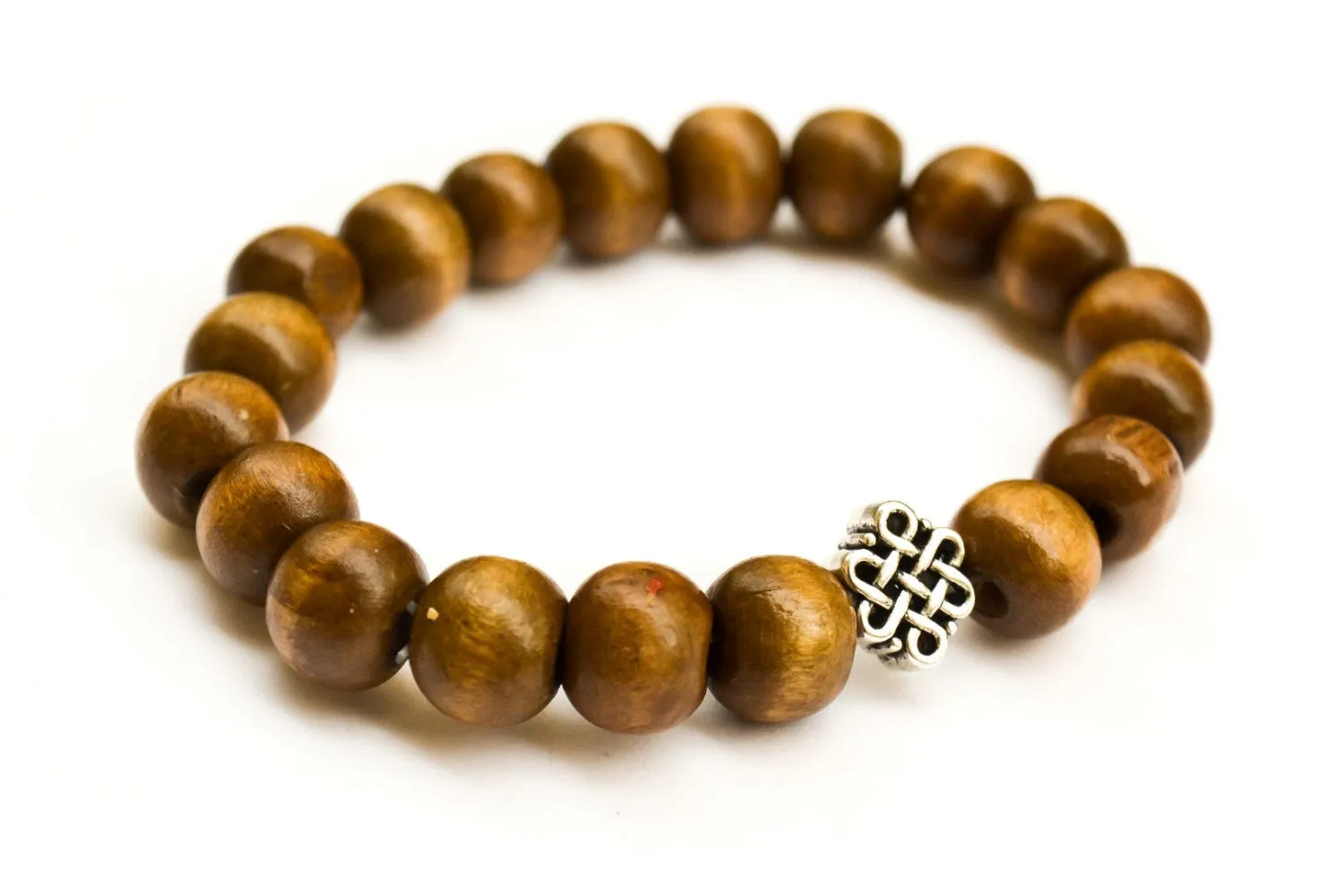 Wood beads stretch bracele with silver celtic endless knot charm